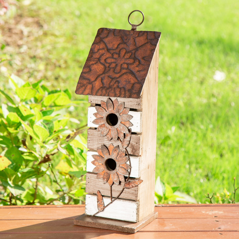 Maison d'oiseaux 14,5 po x 5 po x 5 po Strader Flower, Brun / blanc