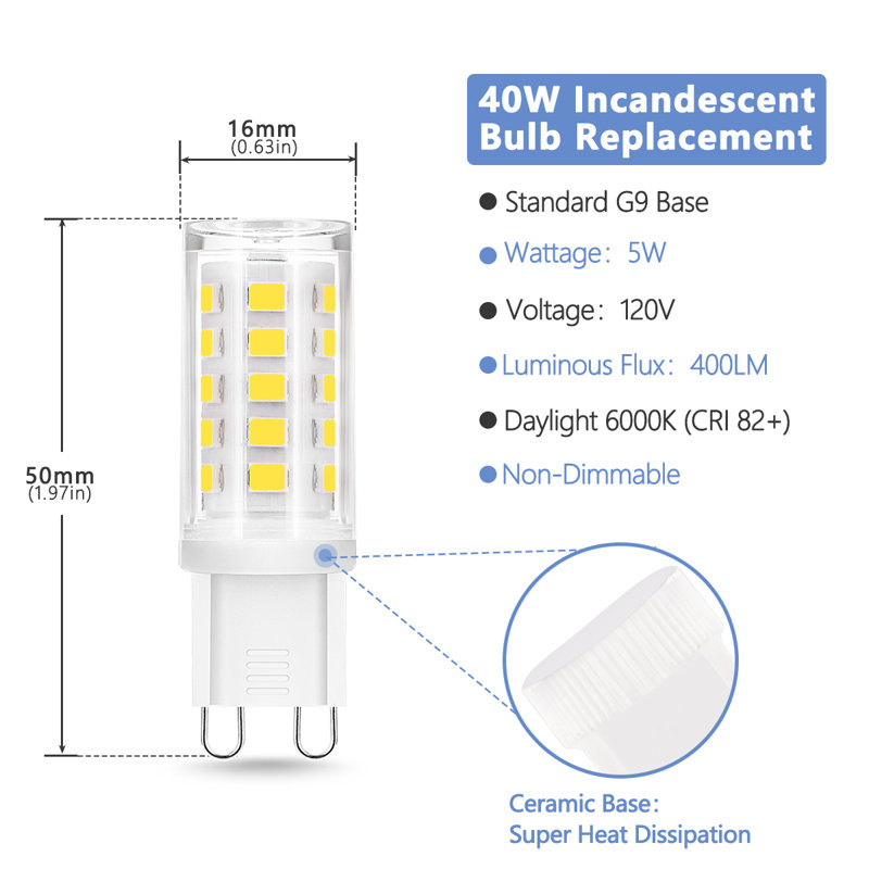 G9e 5 watts (40 watts équivalent), ampoule non-activable à del, ampoule (6000 k) g9/base à deux broches