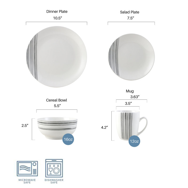 Studio Nova Brushed Lines 16-Piece Porcelain Dinnerware Set, Service for 4