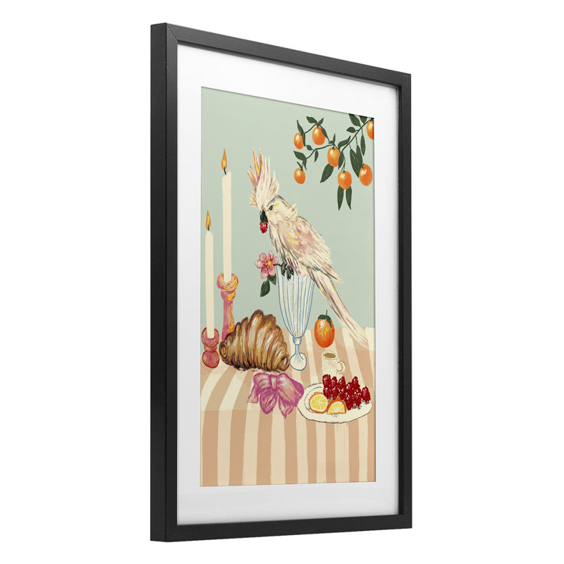 Petit déjeuner avec un oiseau cockatiel, reproduction encadrée sous verre, design par Florentina Dolci, H 20 po x l 14 po