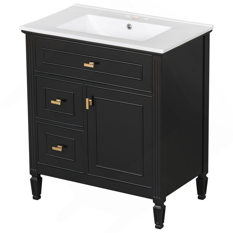 Meuble-lavabo de salle de bain avec lavabo, un tiroir rabattable, deux tiroirs, une tablette réglable, du bois massif et du panneau de fibres à densité moyenne pour le rangement de la salle de bain moderne