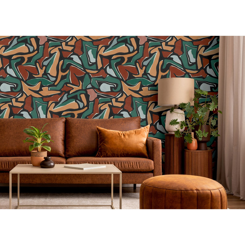 10m x 60cm Puzzle Wallpaper Roll, Grey/Green/Orange