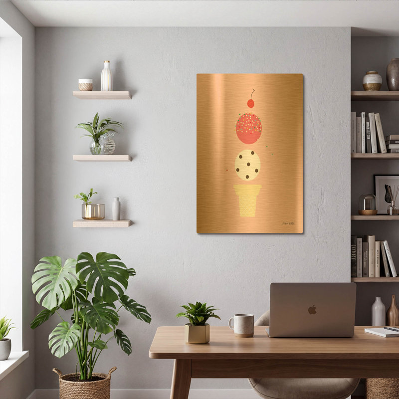 «Ice Cream and Cherry II» par Ann Kelle, art mural en métal doré, 24 po x 36 po, 24 po x 36 po
