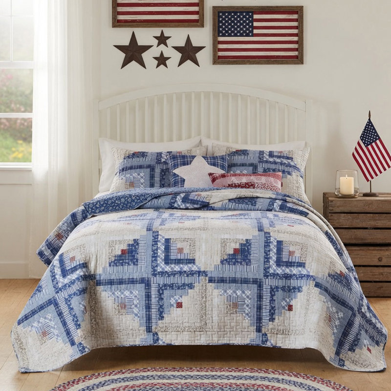 Ensemble de courtepointe 2 pièces Greenico Home Fashions Cottage Cabico Calico 68 x 88 + 20 x 26, Blue Cabin