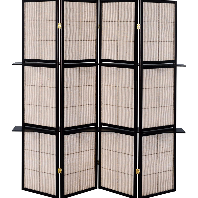 4 paravents brun clair et cappuccino avec tablettes de rangement, le style transitionnel ajoute du caractère au décor