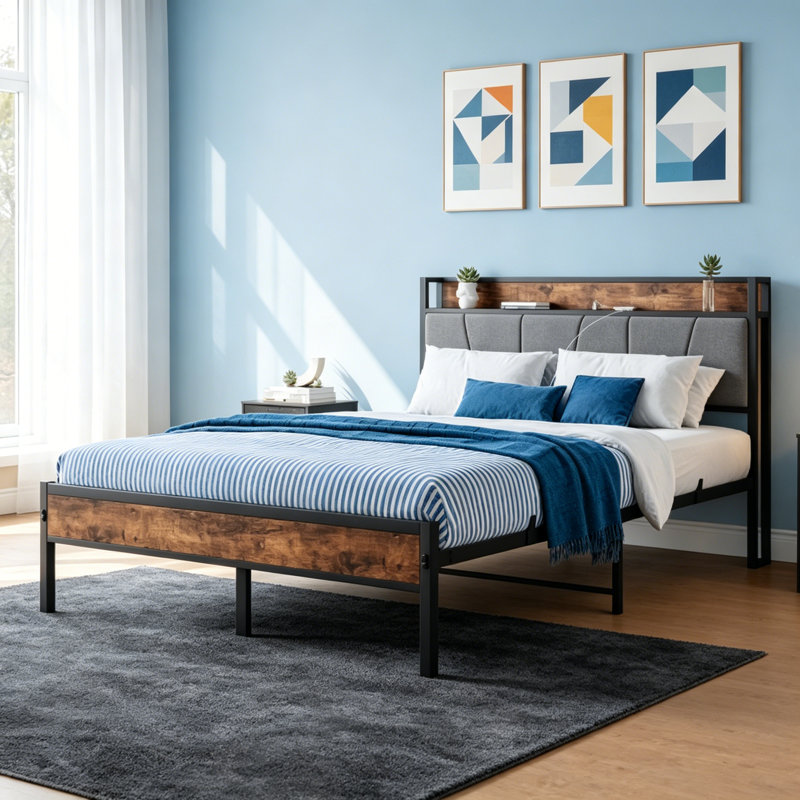 Bed Frame with Storage Headboard, Built-in 2 Outlets & 2 USB Ports, Wooden Bed Frame with Shelf, Easy Assembly for Bedroom