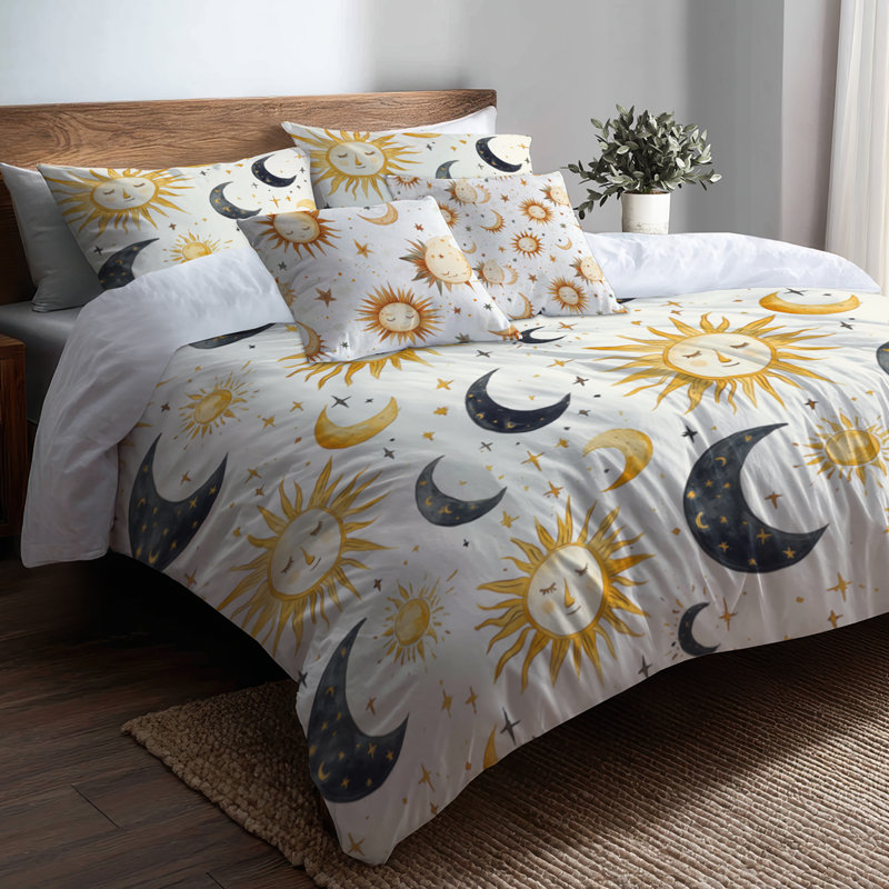 Ensemble de literie 5 pièces Boho - Housse de couette et coussin décoratif Starburst Sun Moon