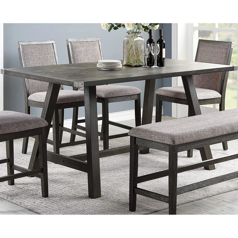 Table de salle à manger contemporaine à hauteur de comptoir de 7 po avec table rectangulaire en bois d'hévéa et 6 chaises à dossier solide pour une ambiance moderne