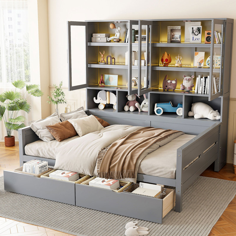 Lit de jour en bois avec éclairage à DEL intégré et tablettes, Simple, gris