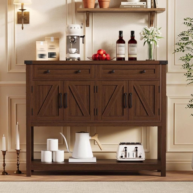47 Inch Farmhouse Buffet Sideboard Cabinet with 4 Barn Doors and Open Shelf, Wood Storage Console Table, Brown