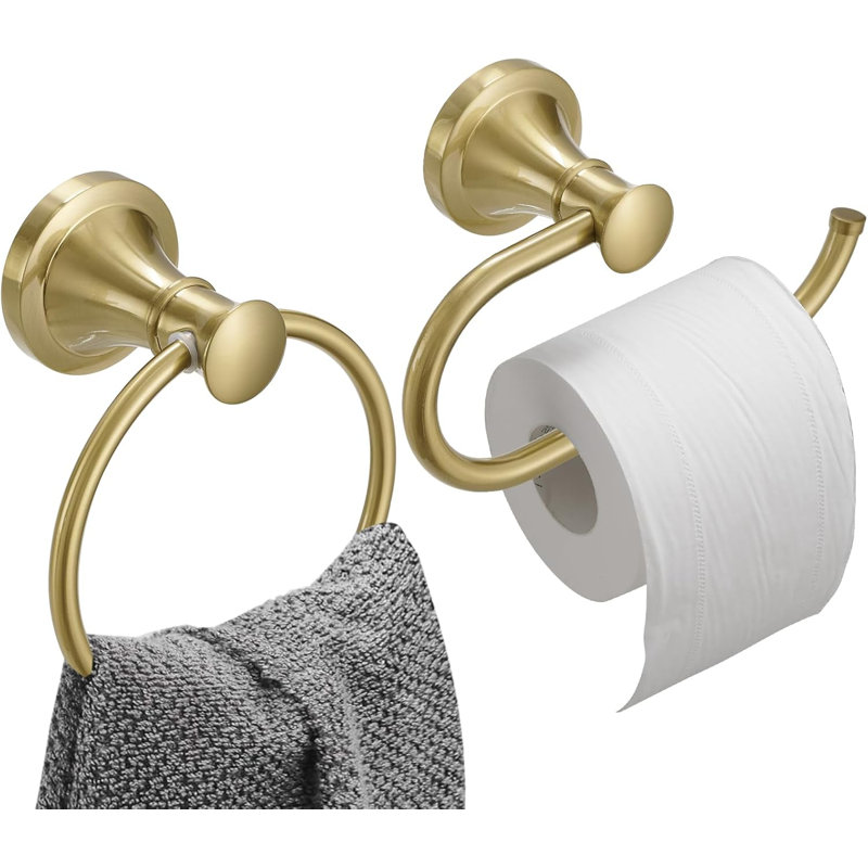 Brushed Gold Bathroom Hardware Set - Wall Mounted Towel Ring And Toilet Paper Holder, Stainless Steel And Zinc Alloy Bathroom Accessories With Modern Design