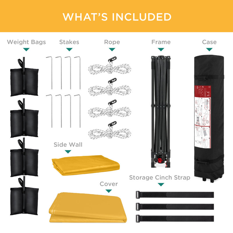 10X10ft Easy Setup Pop Up Canopy, Portable Tent W/ Side Wall, 1-Button Push, Case, Yellow