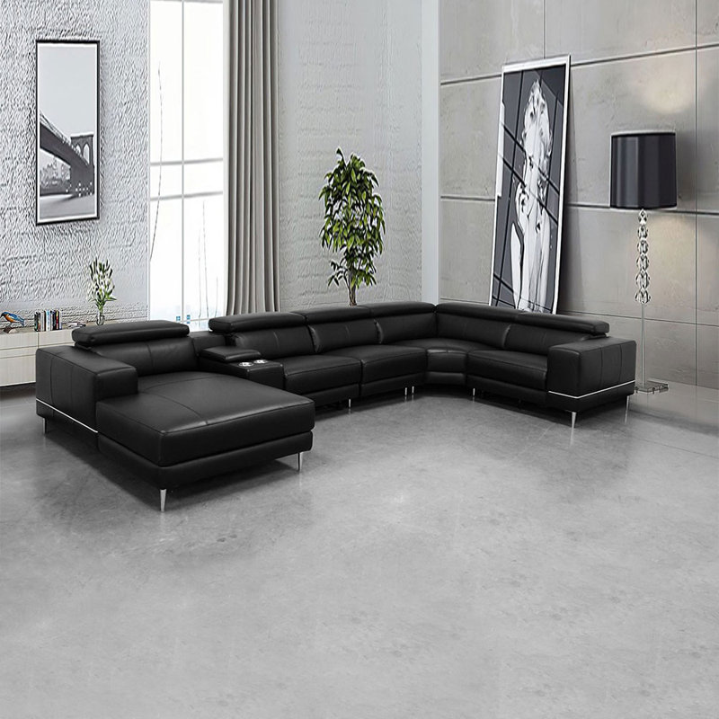 Canapé modulaire inclinable en cuir véritable de 153 po de largeur, Accoudoir à gauche (vu de face)
