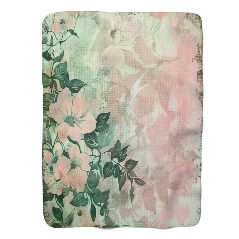 Fleurs rétro vintage rose-vert - couverture Sherpa de qualité supérieure 1 pièce, Grand lit