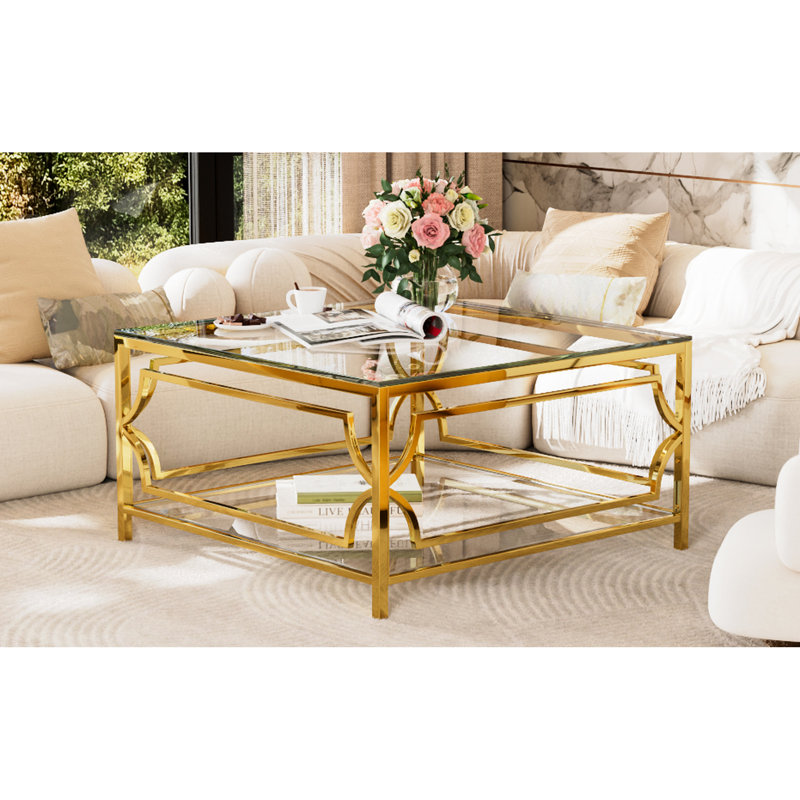 Table basse carrée en verre 33,5 po, structure en métal géométrique dorée, tablette inférieure pour ranger les magazines et les objets décoratifs