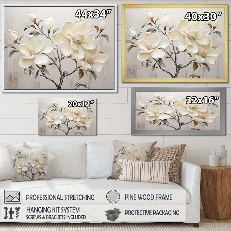 Fleur de magnolia beige et vert - art mural Magnolias, H 34 po x l 44 po x P 1,5 po, Cadre flottant blanc