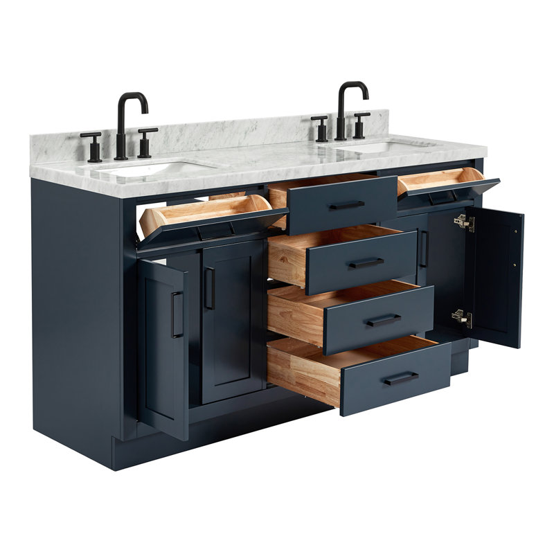 Thornaby 66'' Solid Wood Double Bathroom Vanity with 1.5'' Carrara Marble Top, Rectangular, Midnight Blue / Matte Black
