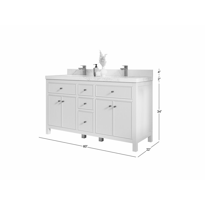 Sonoma 60 In. W X 22 In. D Double Sink Bathroom Vanity In Alabaster With 2 In. Viola Brown Quartz, Calacatta Black
