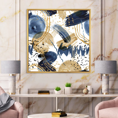 Motif abstrait avec textures bleu foncé et or - peinture sur toile à cadre flottant