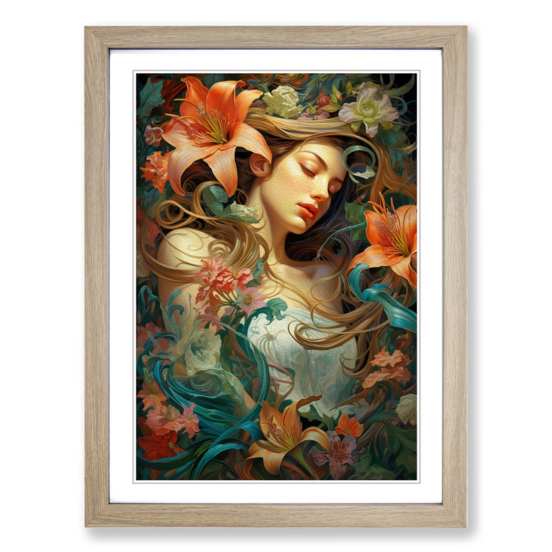 Lily Flower Rococo - Single Picture Frame Print on Wood, Oak Framed, 64cm H x 46cm W x 2cm D