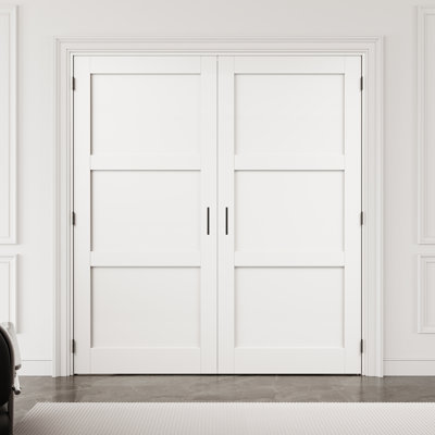Porte française intérieure à 3 panneaux de 56 po x 80 po avec quincaillerie noire et loquet et levier de porte, dalle de porte unie, peignable et imperméable, combinaison pour la lessive, portes de placard, portes de pièce, assemblage requis