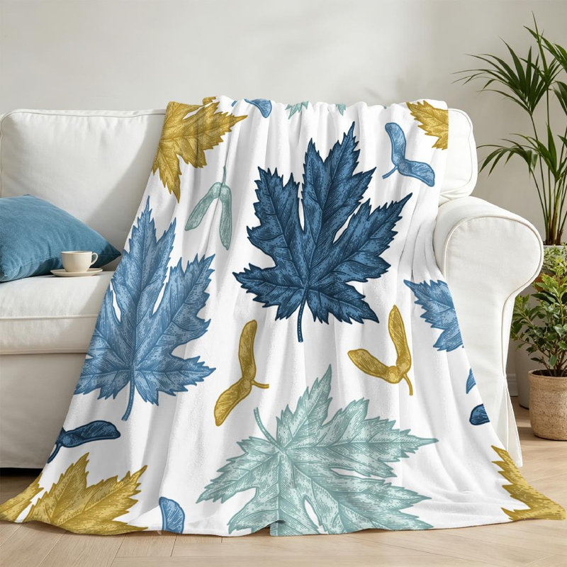 Jeté en flanelle dorée ultra douce, impression de feuilles d'érable sur une face, Jeté 50 po x 60 po