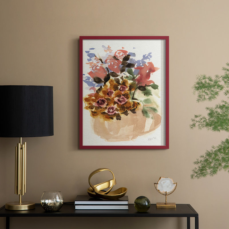 Mauve Bouquet in Teapot II Framed Print - Solid Wood, 21" H x 17" W, Red