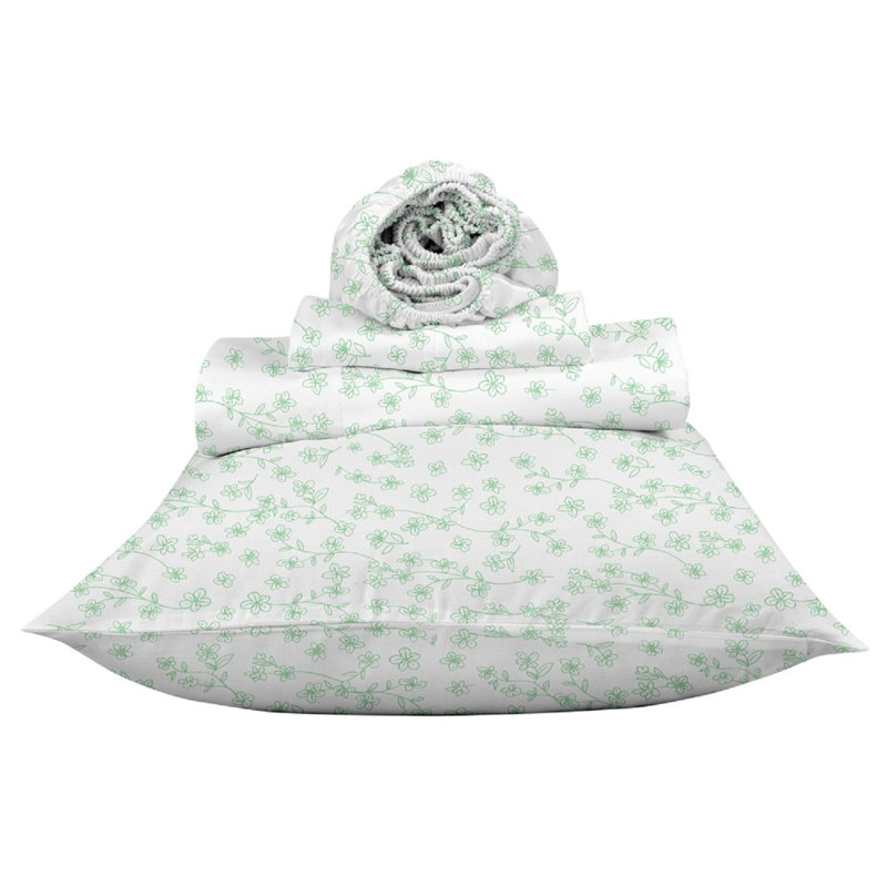 Organic Sateen Sheet Set, Queen Sheet Set with 2 Pillowcases, Multi-Colour Green, Floral