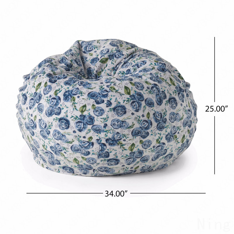 3 Foot Rounded Bean Bag, Blue Rose Print, White Tossed Botanical Fabric