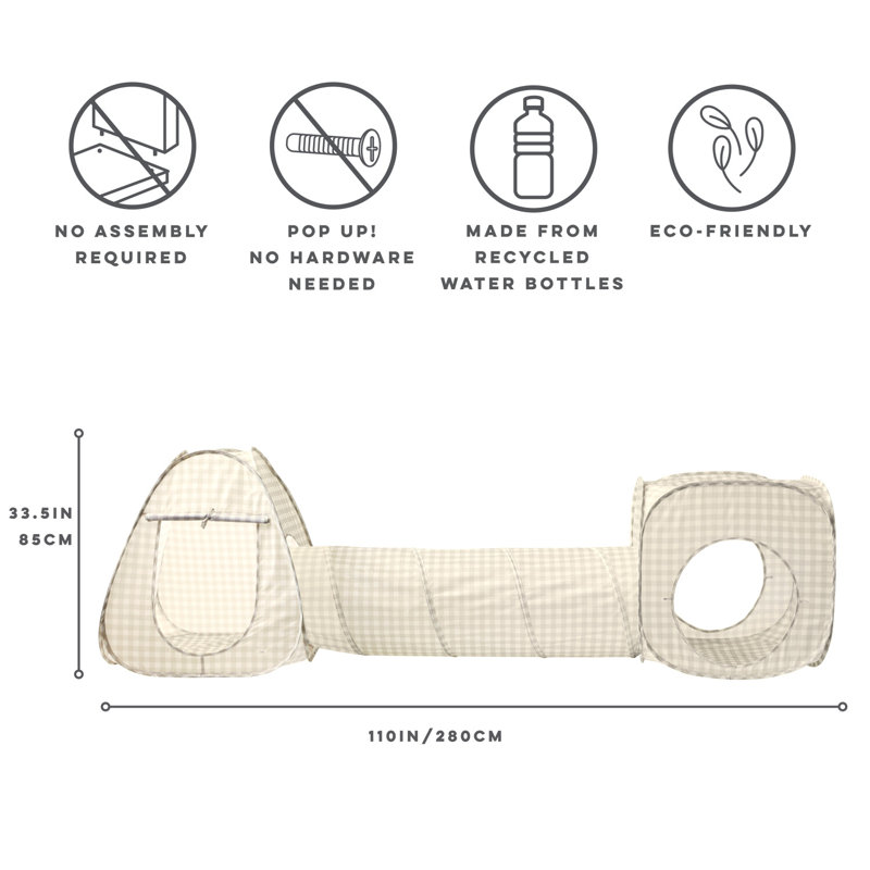 Ensemble de tente de jeu et de tunnel 3 en 3 3 pousses en tissu recyclé, Vichy beige