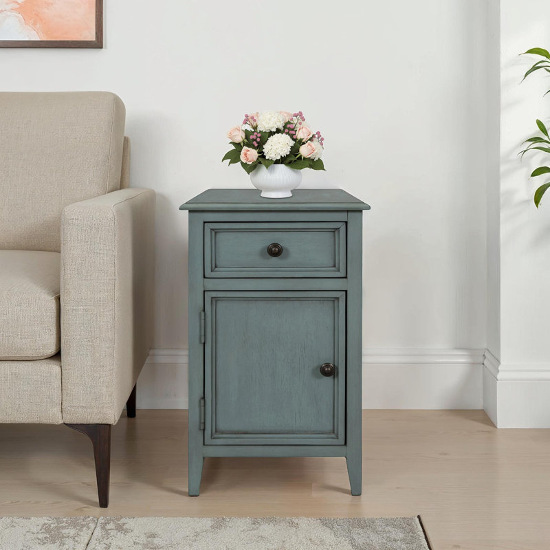 Side Table with Drawer and Cabinet - Aged Seafoam, Teal Blue