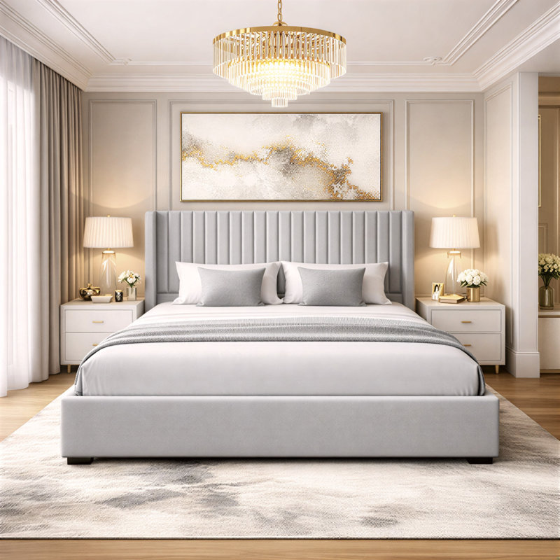 Premium Plush Bed Frame – Elegant Padded Bed with 48” Statement Headboard, Solid Wooden Bed – Contemporary Designer Finish