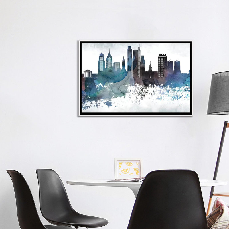 Philadelphia Bluish Skylines - impression d'art graphique, H 26 po x l 40 po x 1,5 po, Toile blanche encadrée, Aucun mat