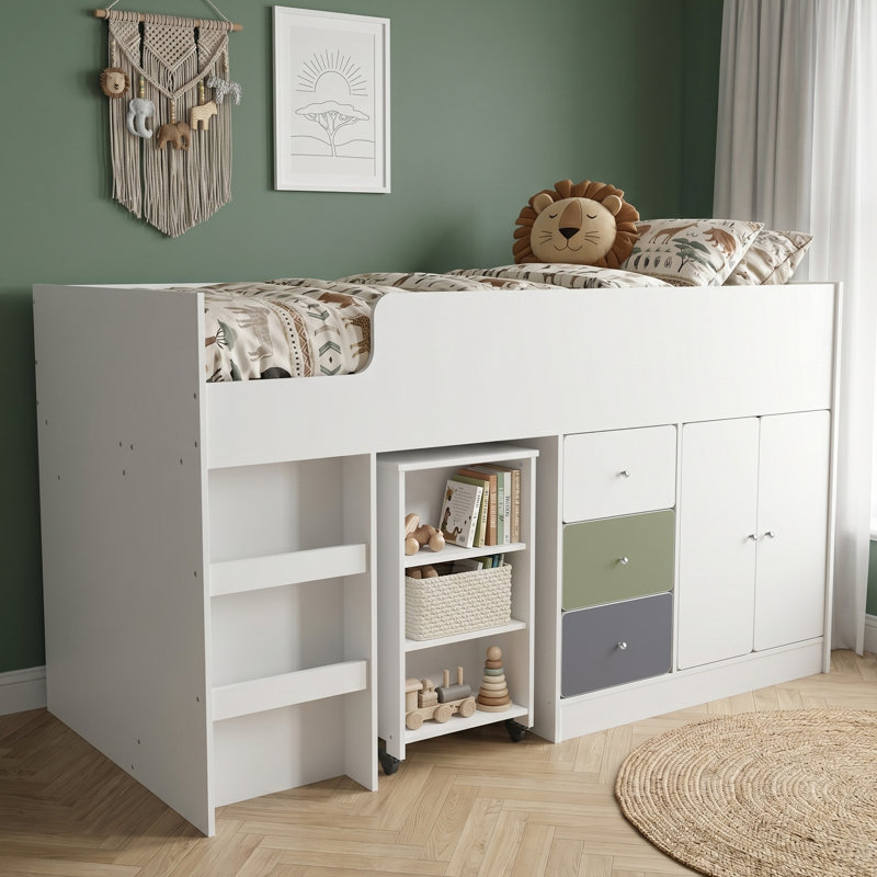 Liston Kids Mid Sleeper Bed with Ladder and Storage with Custom Green and Pink Panel Design