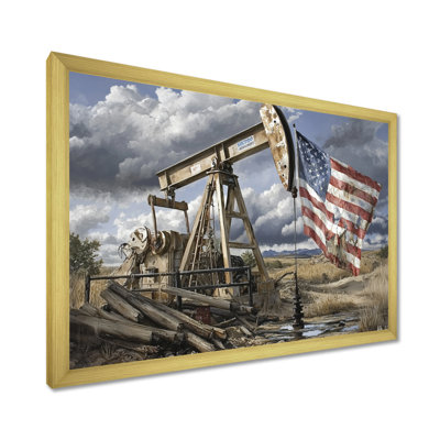 American Flag And Oil Rig In American - Oil Rigs Wall Art Print