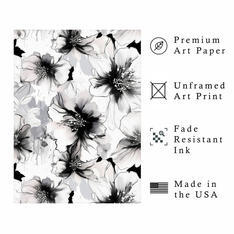 Impression florale noire et blanche I, art moderne sans cadre, H 30 po x l 20 po