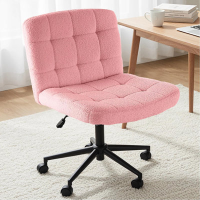 Swivel Criss Cross Legged Chair With Wheels, Armless Home Office Chair With Comfy Wide Cushion, Height Adjustable For Desk, Vanity, Bedroom, Sherpa Fleece, Pink