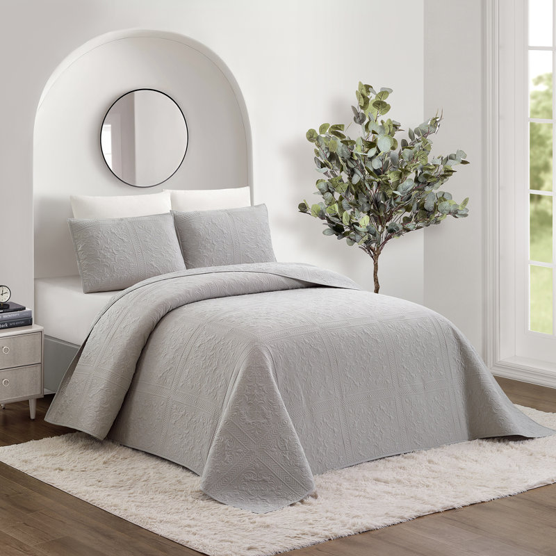  Solid Stitch 3-Piece Embroidered Bedspread Set, Queen Bedspread + 2 Standard Shams, Gray