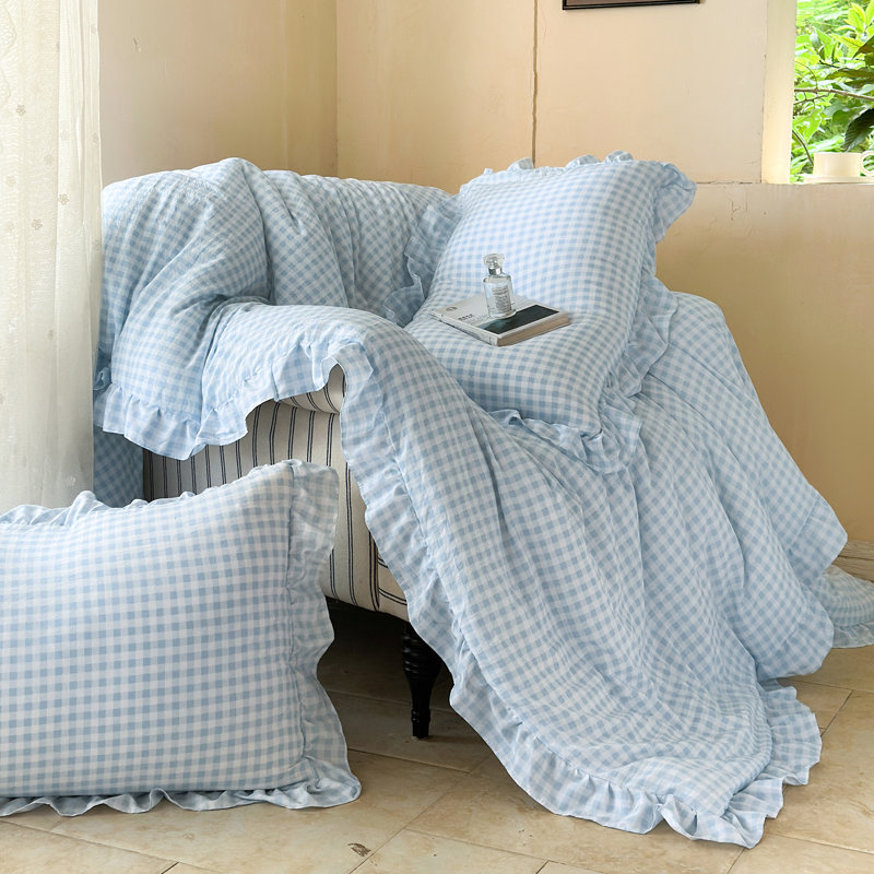 Ensemble d'édredon à volants en microfibre Gingham, Très grand lit, Vichy bleu clair