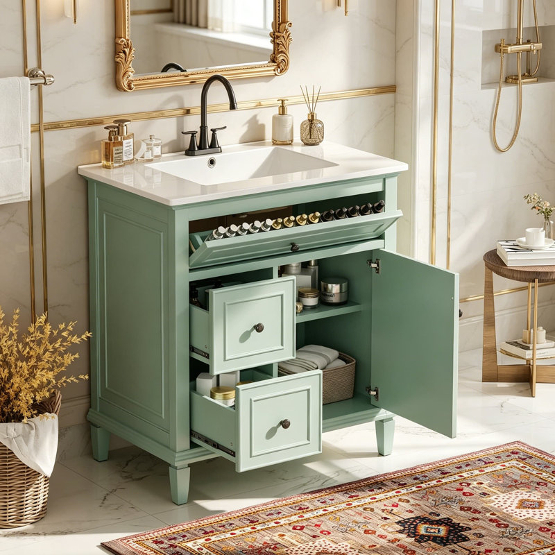 Meuble-lavabo de 30 pouces avec lavabo et armoire de rangement, porte à fermeture en douceur, tiroir basculant, tablette réglable et protection contre le débordement pour les espaces compacts
