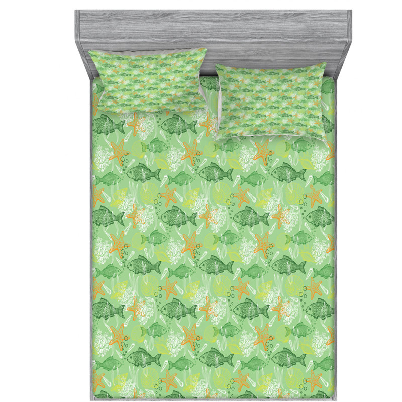 Fishes Microfiber Geometric Sheet Set, Queen Sheet Set with Fitted Sheet