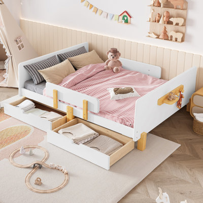 Lit plateforme double avec tiroirs de rangement, structure de lit en bois massif avec garde-corps, petite tablette et crochets