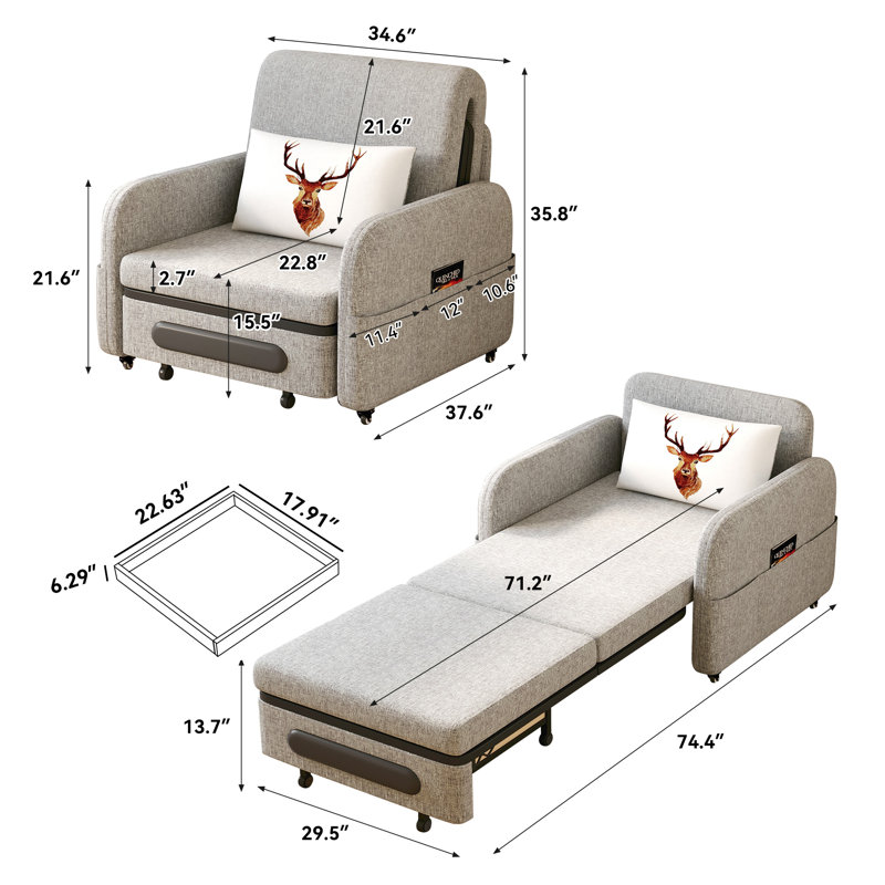 61.61"  W, 4-in-1 foldable sofa bed with adjustable backrest and side pockets, removable cotton-linen fabric, easy to move, suitable for RV small spaces