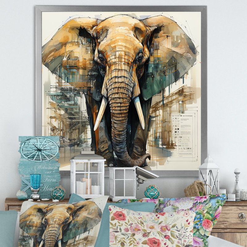 Dessin d’analytique d’un éléphant, Cadre simple argenté, H 36 po x l 36 po x P 1,5 po