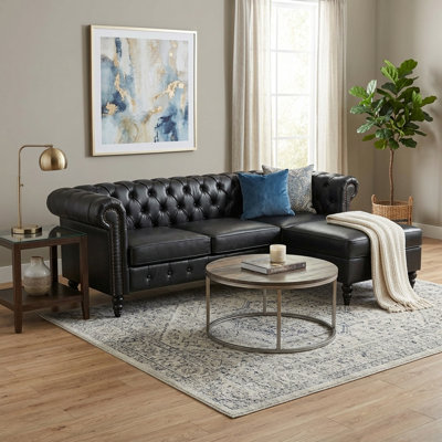 Canapé modulaire en L de 85 po à 4 places avec repose-pieds avec rangement, canapé modulaire en cuir de polyuréthane avec dossier capitonné, accoudoirs courbés décorés de rivets et pieds en bois de bouleau massif pour le salon