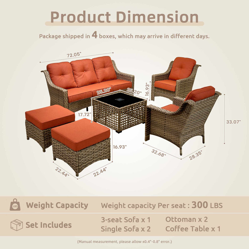6 Piece Patio Furniture Conversation Sets With Solar Light Table,Outdoor Wicker Furniture With Ottoman, All Weather Resistant Outside High Back Rattan Patio Set