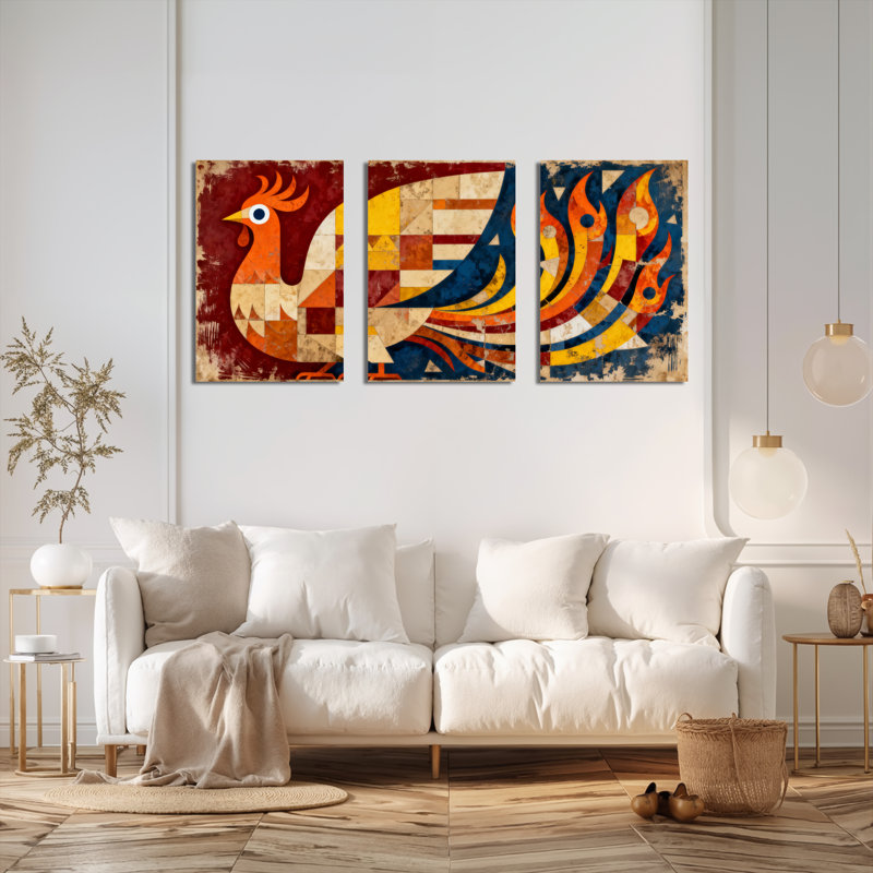 Tableau abstrait géométrique représentant un coq (lot de 3), H 30 po x l 60 po