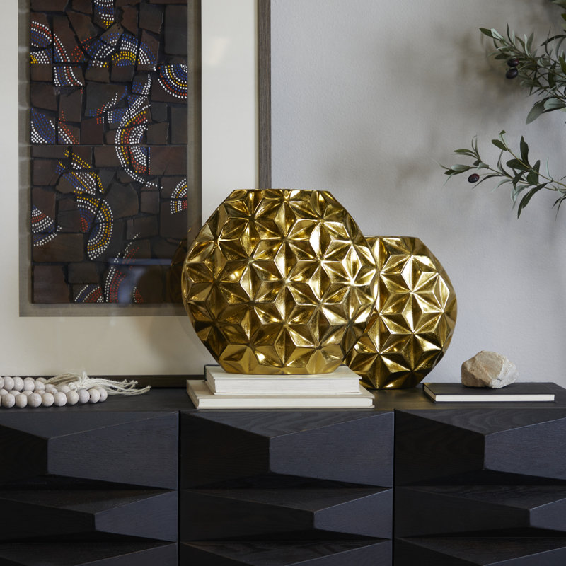 Aluminum Metal Faceted Geometric Decorative Vase, 12.9" H x 13.85" W x 4.55" D, Gold