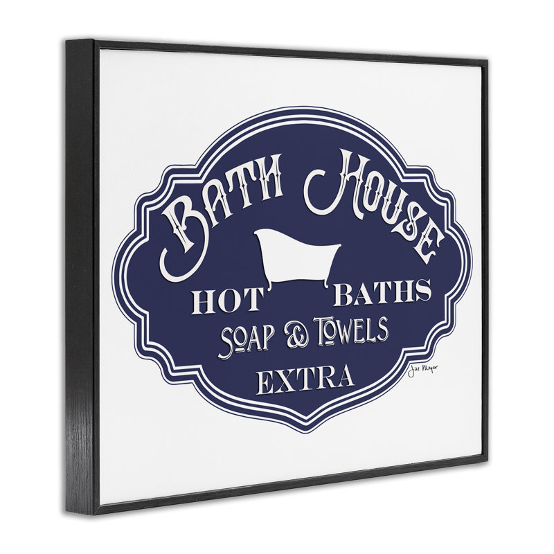 Vintage Bath House Sign Minimal Blue White XXL Black Framed Giclee Texturized Art by Jill Meyer, 30" H x 24" W x 1.5" D