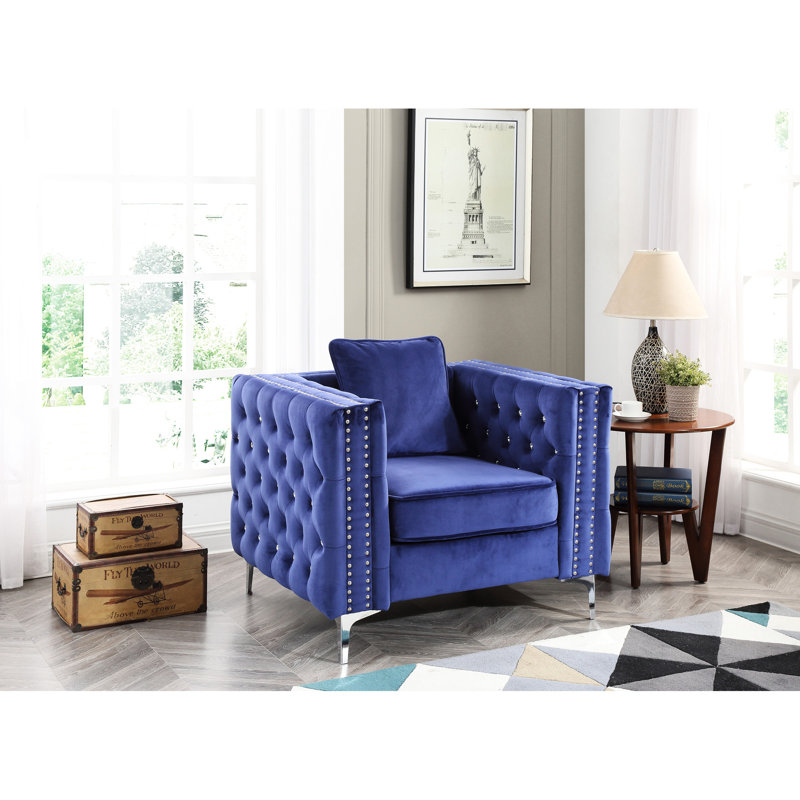 Fauteuil d'appoint bleu avec accoudoirs sur rail - et construction 30 po h 40 po x P 34 po Assemblage rapide en velours profond pour un intérieur moderne et solide